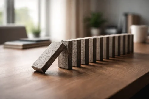 Kamienne kostki domina na drewnianym biurku, jedna przewrócona — metafora ryzyka, jakie niosą aktualizacje WordPressa i konflikty wtyczek.