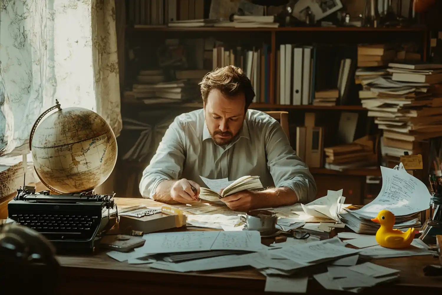 Designer’s desk on a chaotic day Messy desk in a sunny room, full of papers, old books, a typewriter, and a rubber duck, without a computer, in light chaos