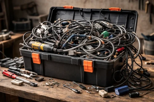 Splątane przewody i przeładowana skrzynka narzędzi, metafora dependency hell w WordPressie