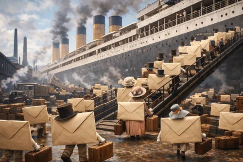 Koperty symbolizujące e-maile wchodzące na pokład statku w zatłoczonym porcie – metafora dostarczalności maili i bramek pocztowych