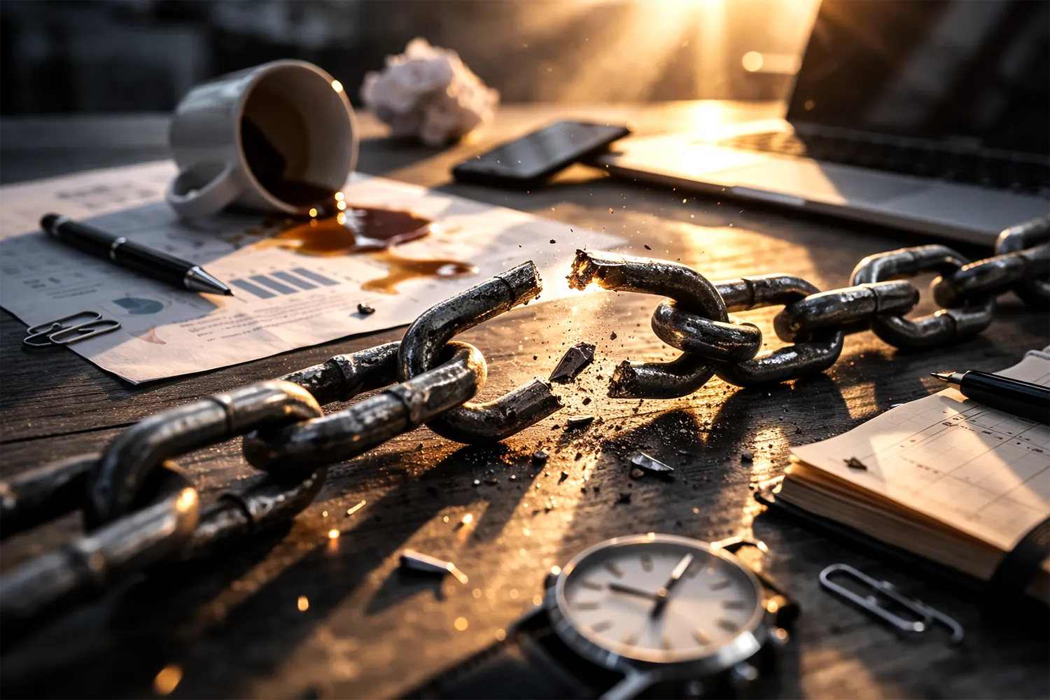 Downtime strony internetowej – przerwana ciągłość działania (metafora) Pęknięty metalowy łańcuch w ujęciu makro – metafora przestoju (downtime) strony internetowej i przerwania ciągłości działania