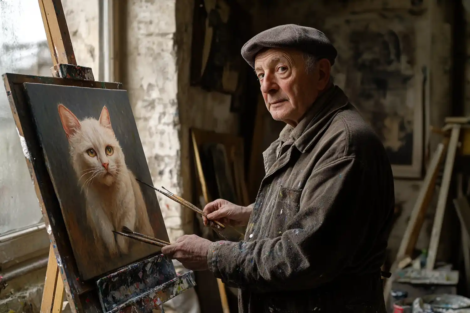 An older man in a painter’s smock and beret is painting a picture of a cat in his artistic studio.