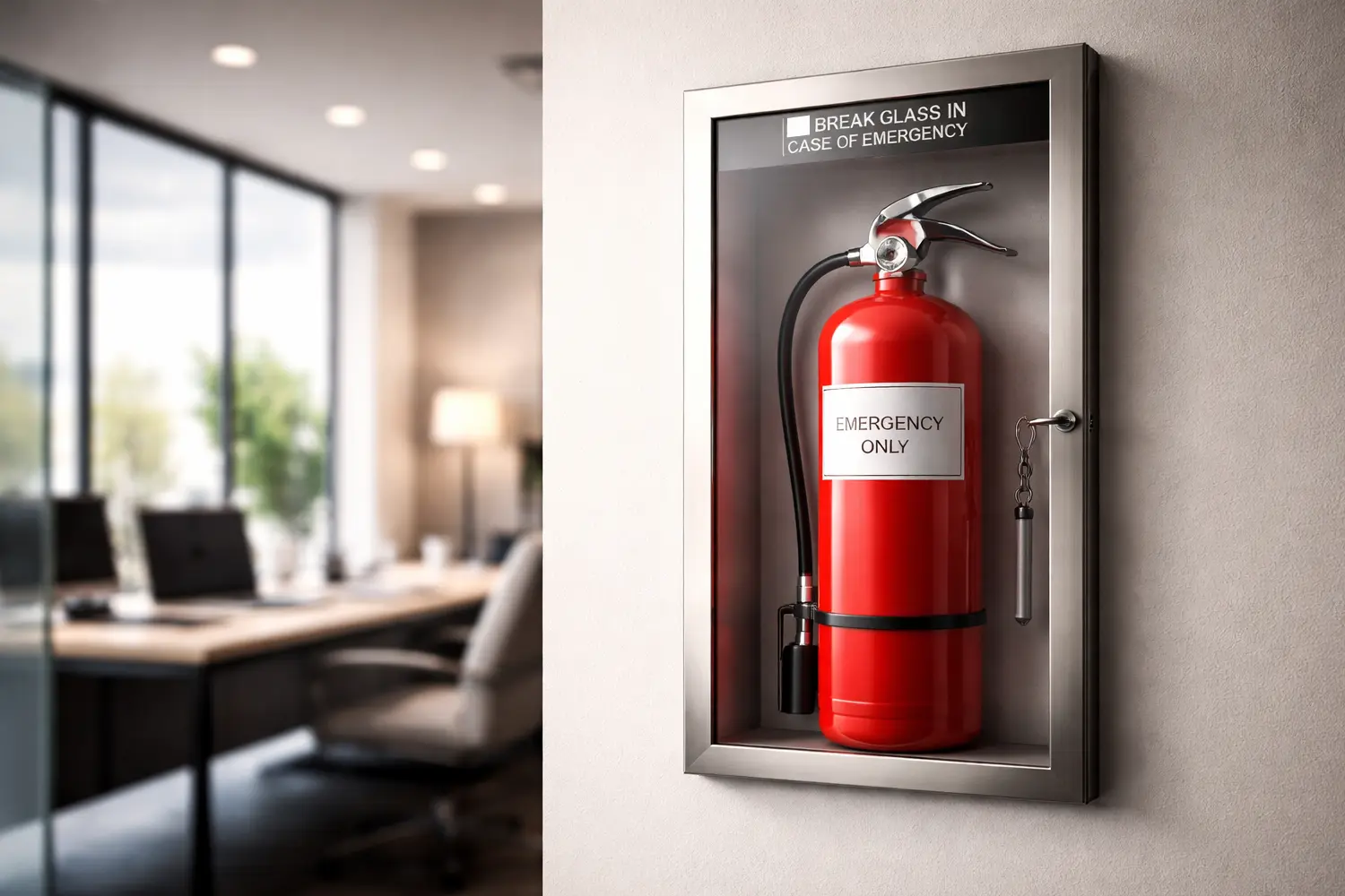 Kopia zapasowa strony internetowej – gaśnica w gablocie (off-site backup i restore) Gaśnica w szklanej gablocie w biurze jako metafora kopii zapasowej strony internetowej i awaryjnego przywracania restore