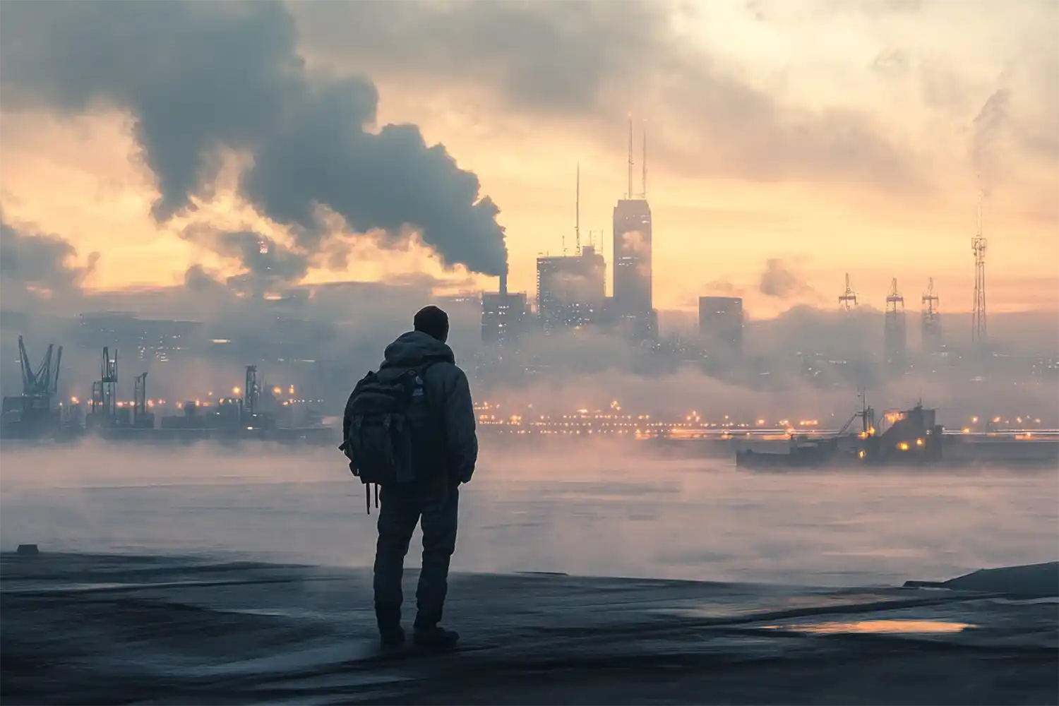A Pole by the Riverbank Looking at an Industrial City in England – A Symbol of the Beginning of Emigration and Building Something New A Pole by the Riverbank Looking at an Industrial City in England – A Symbol of the Beginning of Emigration and Building Something New