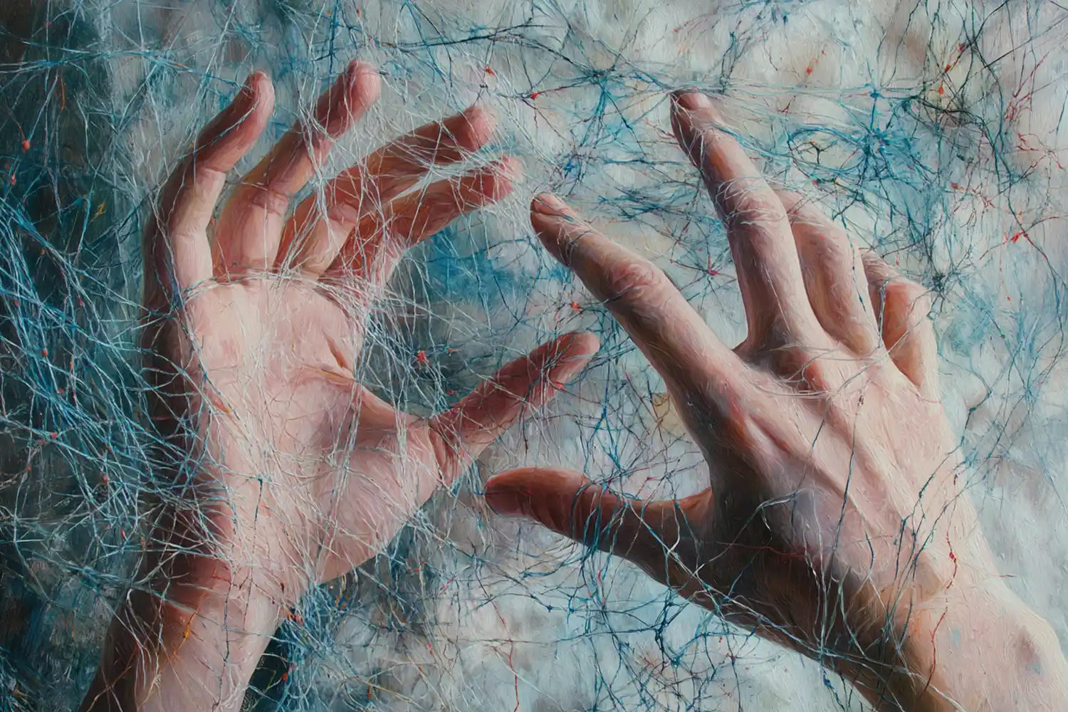 Tangled threads stretched between hands, symbolising difficulties in communication and project management
