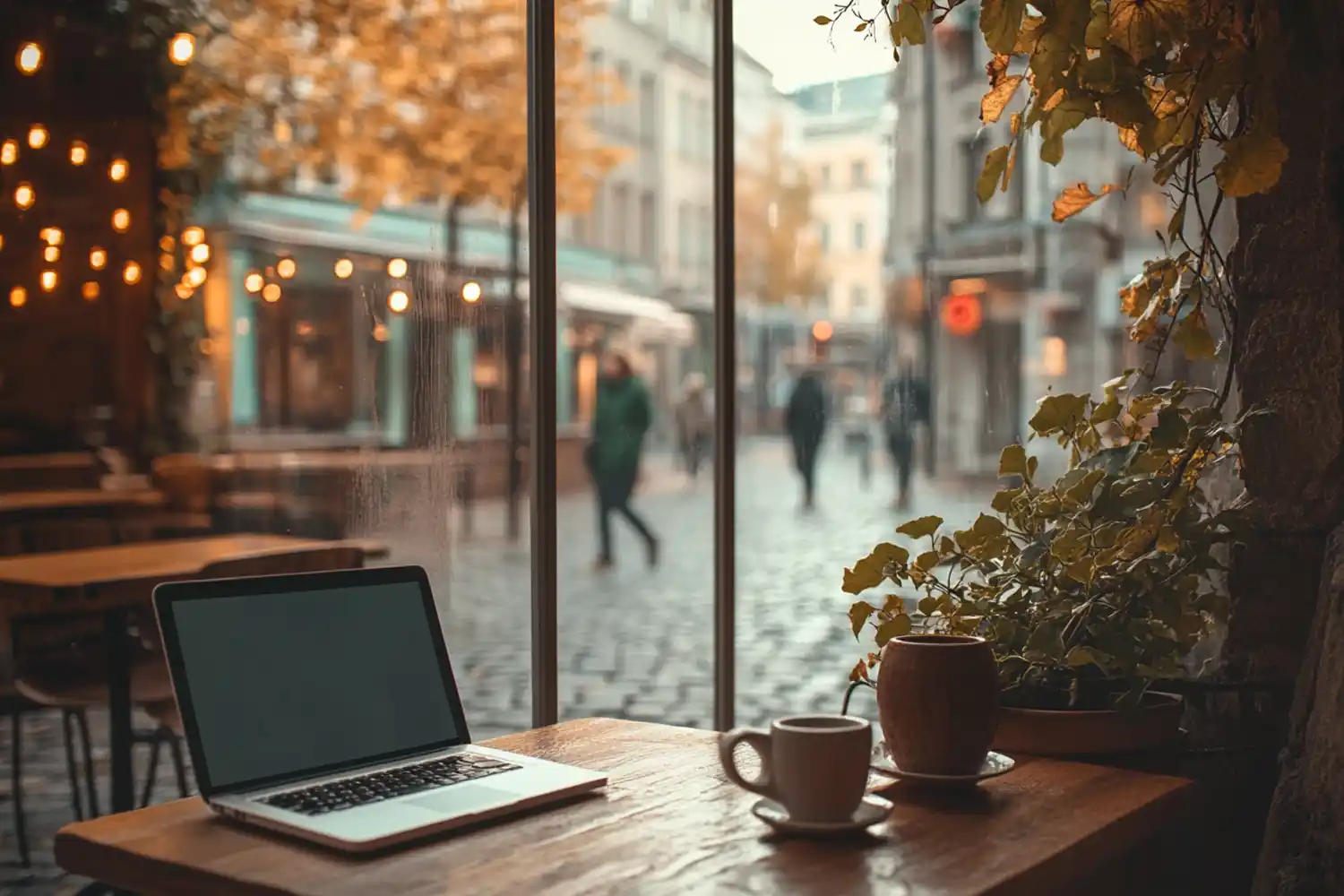 Kawiarnia otwarta w niedzielę — symbol ciągłej dostępności strony Przytulna kawiarnia otwarta w niedzielny poranek, symbolizująca dostępność strony internetowej przez cały tydzień.