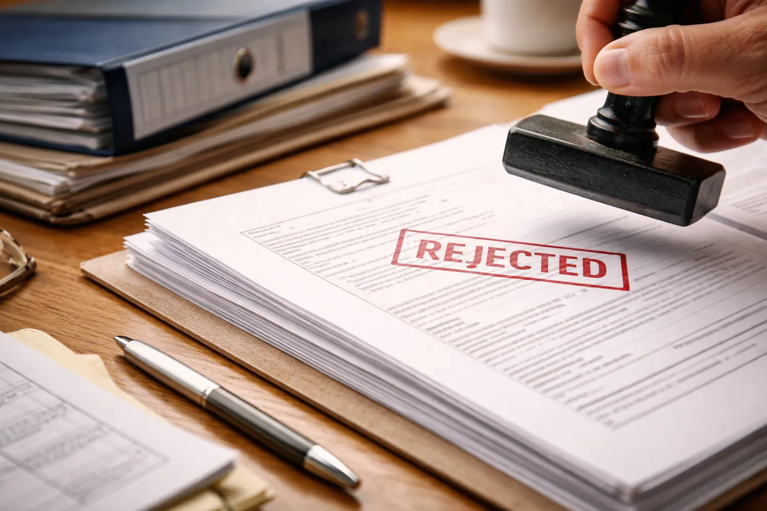 Regresja na stronie internetowej – gdy po zmianie zasad coś przestaje działać Dokument w biurze oznaczony stemplem „odrzucone” – metafora regresji na stronie internetowej po zmianie zasad i aktualizacjach