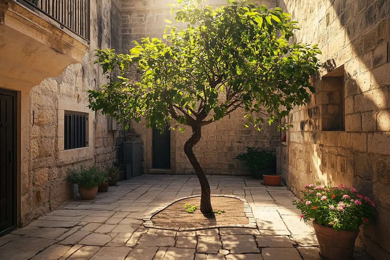 Symboliczny rozwój projektu – drzewo w miejskim podwórku Młode drzewo rosnące w starym miejskim podwórku, symbolizujące rozwój projektu strony internetowej.