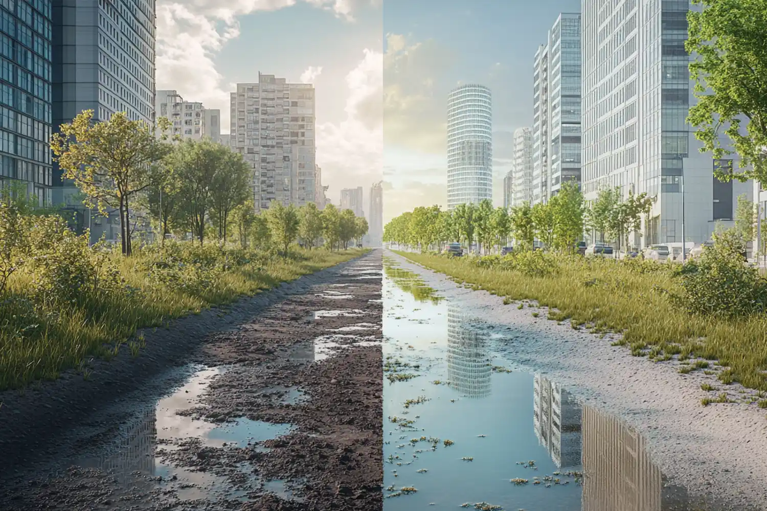 Symboliczny wybór drogi w stronę jakości lub kompromisów Dwie kontrastowe ścieżki symbolizujące wybór między chaotycznym a przemyślanym podejściem do budowy strony internetowej.