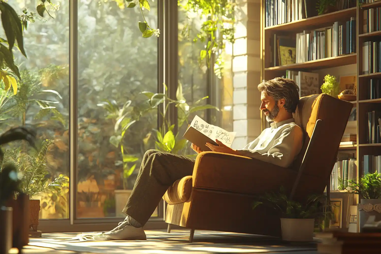 Twórca w przytulnym, słonecznym biurze, spokojnie planujący projekt w atmosferze zaufania i inspiracji.