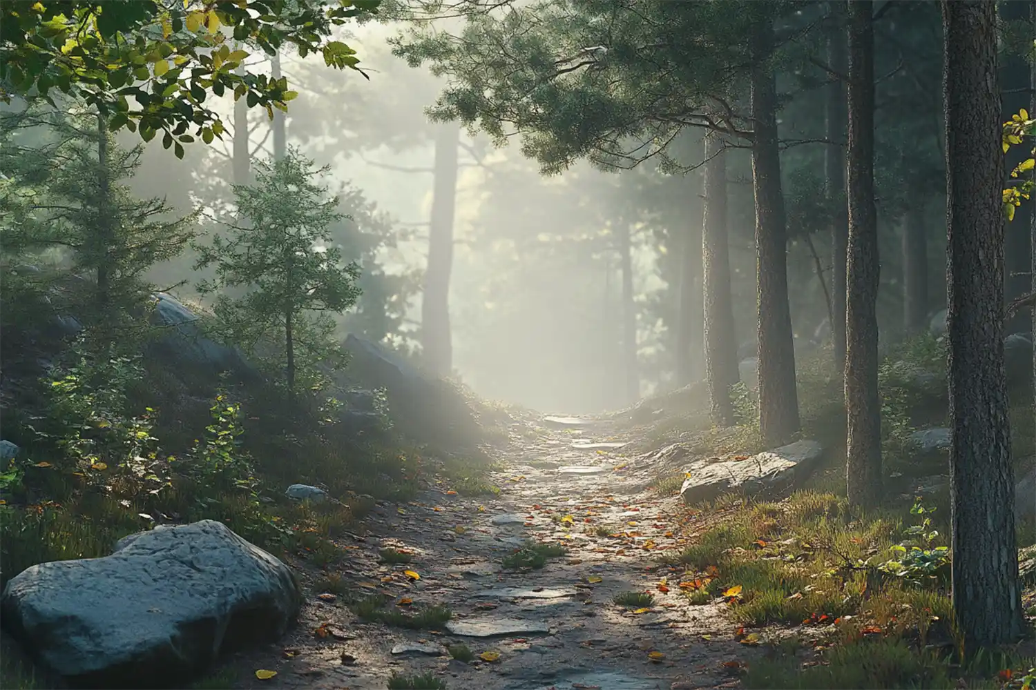 The Hidden Journey to Website Visibility A narrow path winding through a dense, slightly misty forest at dawn, symbolising the hidden journey towards website visibility.